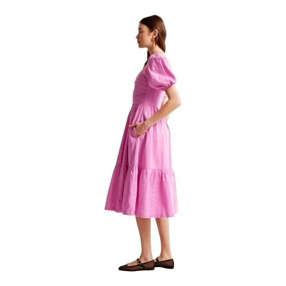 Abercrombie & Fitch Emerson Linen-Blend Puff Sleeve Midi Dress in Pink Size L - Picture 4 of 16